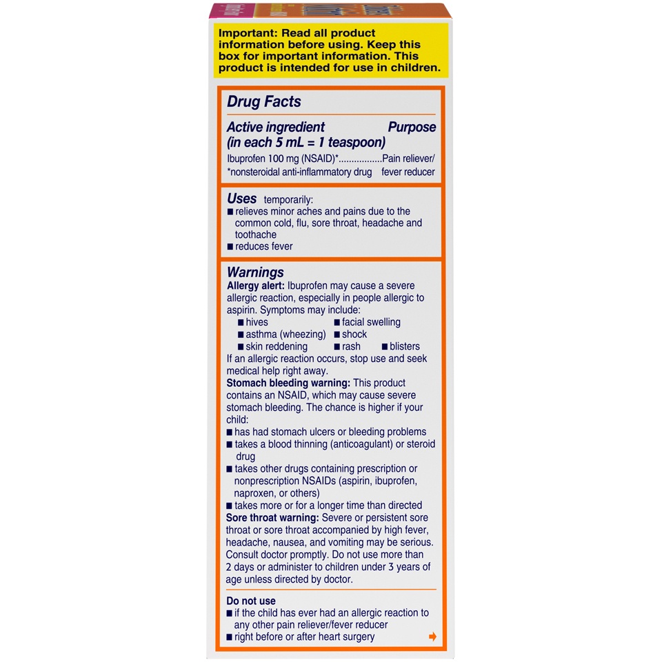 slide 5 of 6, Children's Motrin Oral Suspension Medicine Ibuprofen, Kids Fever Reducer & Pain Reliever for Minor Aches & Pains Due to Cold & Flu, Alcohol-Free, Berry Flavored, 4 oz