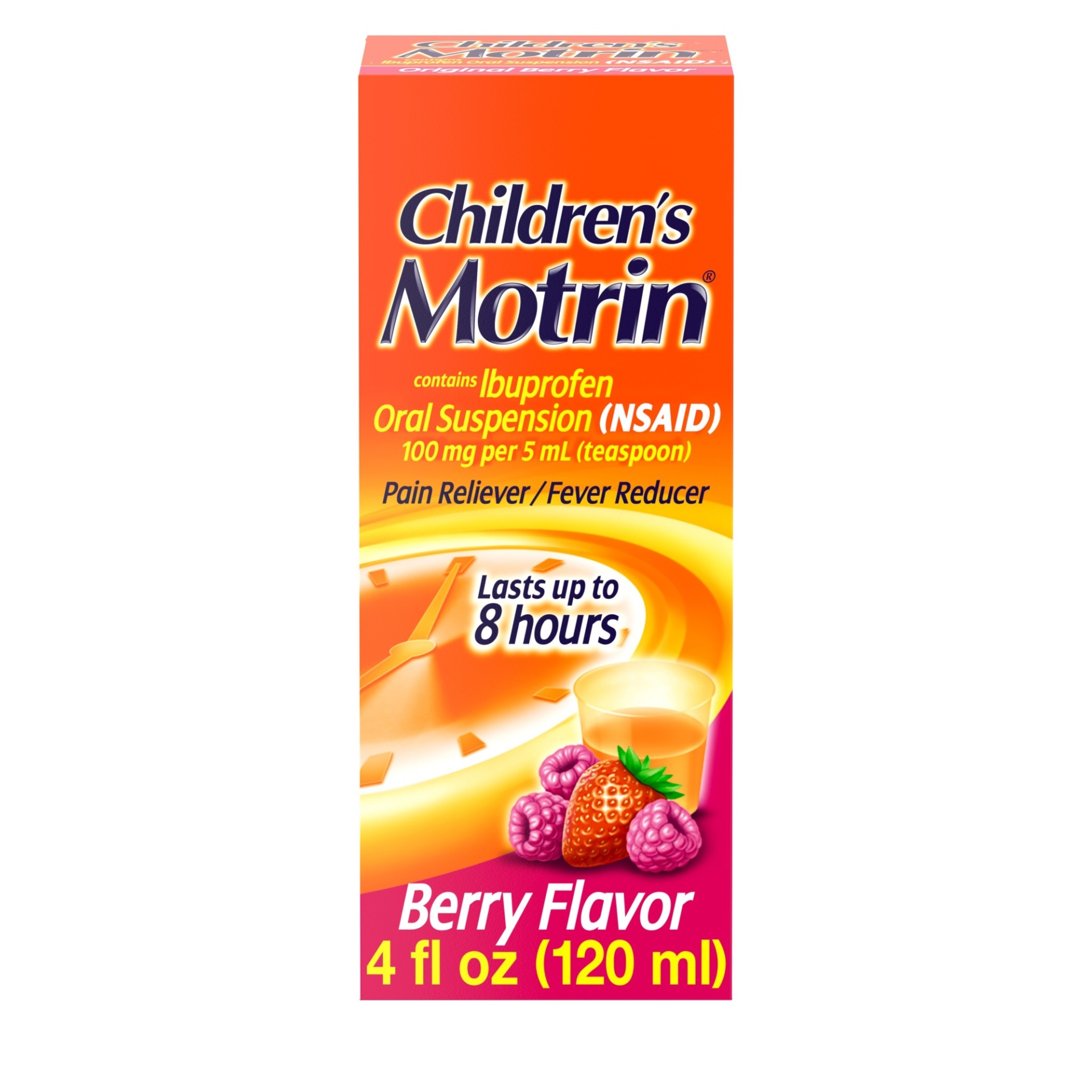 slide 1 of 6, Children's Motrin Oral Suspension Medicine Ibuprofen, Kids Fever Reducer & Pain Reliever for Minor Aches & Pains Due to Cold & Flu, Alcohol-Free, Berry Flavored, 4 oz