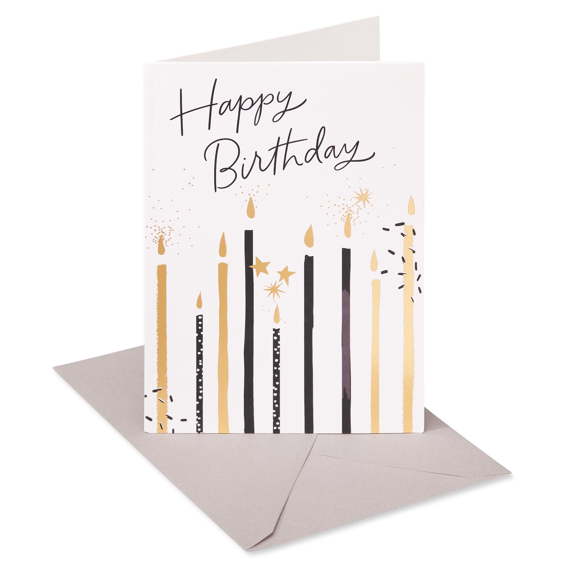 slide 1 of 9, American Greetings Spark some joy and celebrate someone''s birthday in a special way with this festive birthday card. Featuring illuminated black and gold candles highlighted with gold, it''s the perfect way to light up someone''s face with a smile. A heartfelt wish inside adds a touch of warmth they''ll be sure to appreciate. Envelope included., 1 ct