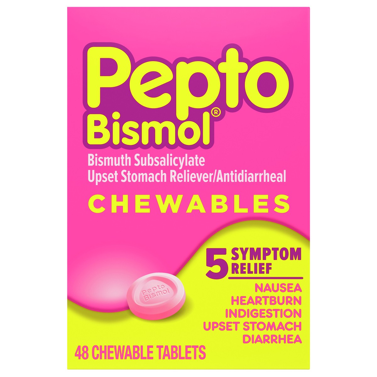 slide 1 of 11, Pepto-Bismol Chewables 5 Symptom Relief Chewable Tablets, 48 Count, 48 ct