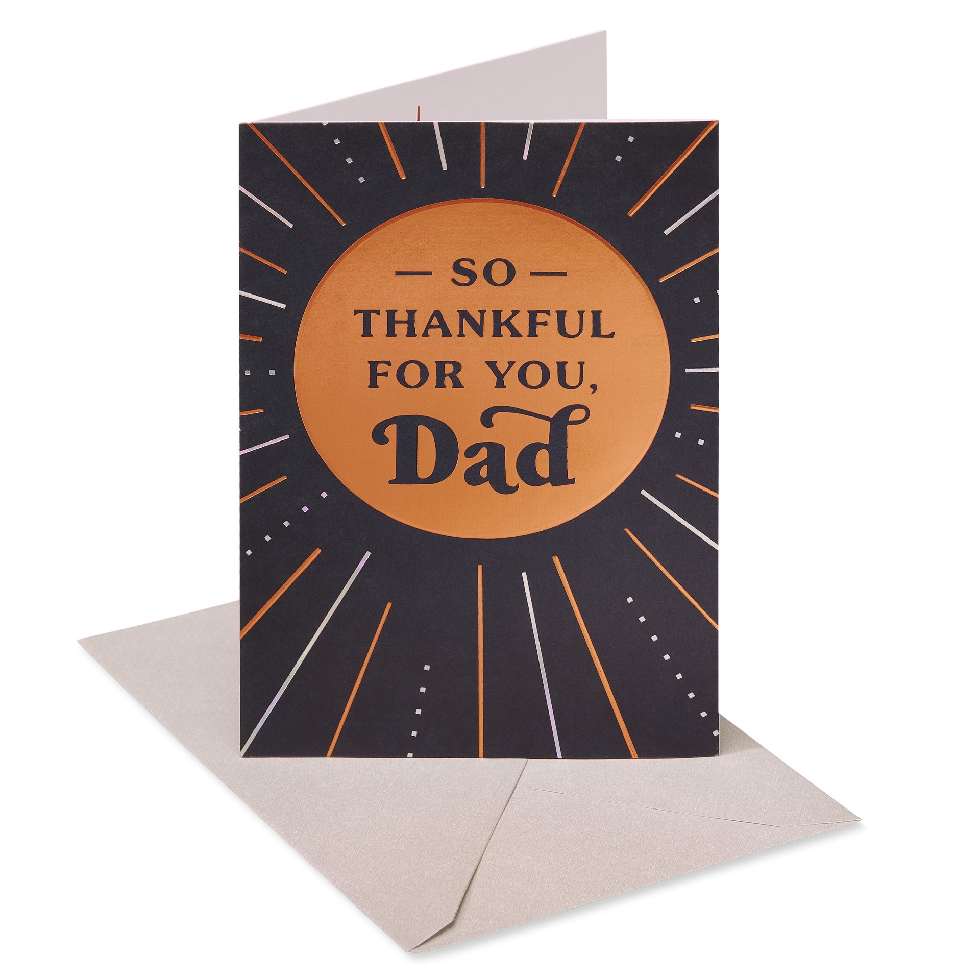 slide 1 of 9, American Greetings Show dad how grateful you are with this sophisticated birthday card. Featuring a bold design with gold and silver foil stamping on a black background, this card is sure to be one he''ll appreciate. The message tells him how thankful you are for him and inside there''s plenty of room to write your own personalized note. He''s definitely going to love this sweet card. Envelope included., 1 ct