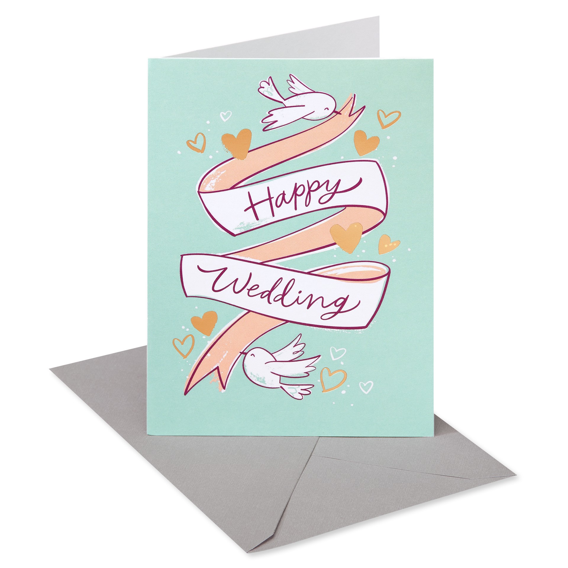 slide 1 of 9, American Greetings Wish the happy couple all the best with this sweet wedding card. Featuring a cute pair of love birds holding up a “Happy Wedding” banner in a palette of pastel green, white, and peach with metallic gold hearts, this greeting card is perfect for sending to any couple on their big day. The message inside offers a lovely wish and a subtle rhyme. It''s everything you need to celebrate the newlyweds in your life. Envelope included., 1 ct