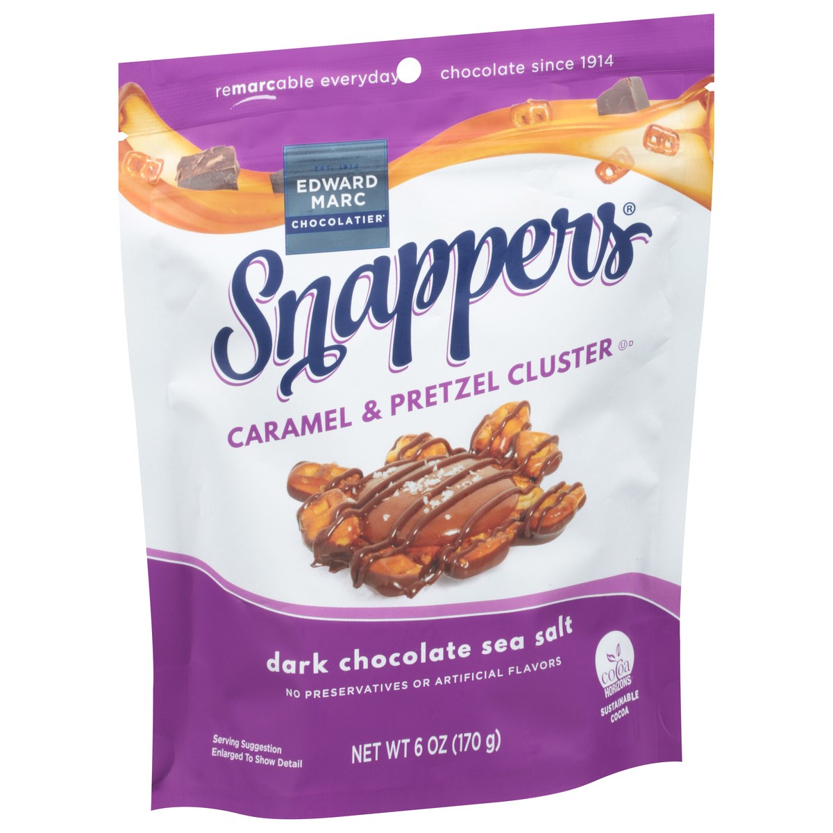slide 9 of 9, Edward Marc Chocolatier Snappers Dark Chocolate Sea Salt Caramel & Pretzel Cluster 6 oz, 6 oz