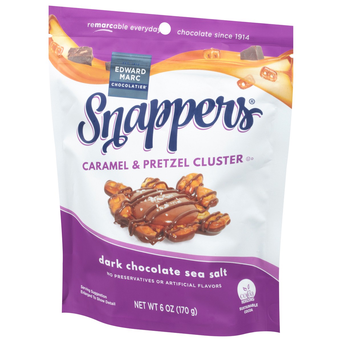 slide 3 of 9, Edward Marc Chocolatier Snappers Dark Chocolate Sea Salt Caramel & Pretzel Cluster 6 oz, 6 oz