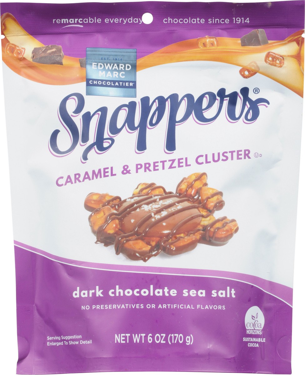 slide 5 of 9, Edward Marc Chocolatier Snappers Dark Chocolate Sea Salt Caramel & Pretzel Cluster 6 oz, 6 oz