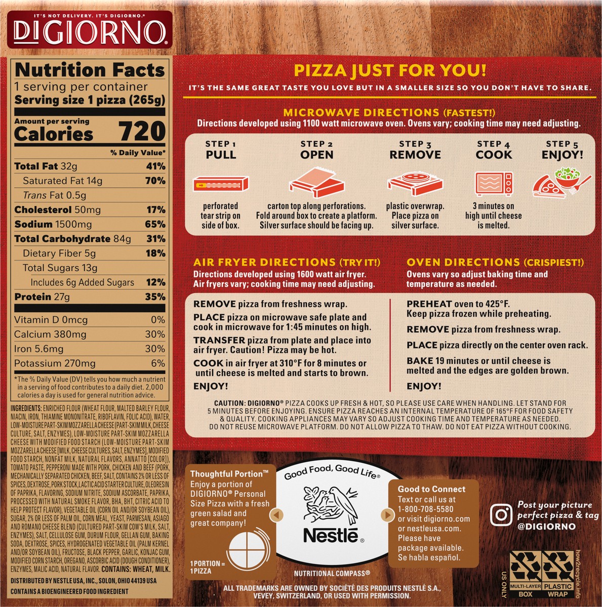 slide 11 of 15, DiGiorno Pepperoni Frozen Personal Pizza on a Hand-Tossed Style Traditional Crust, 9.3 oz