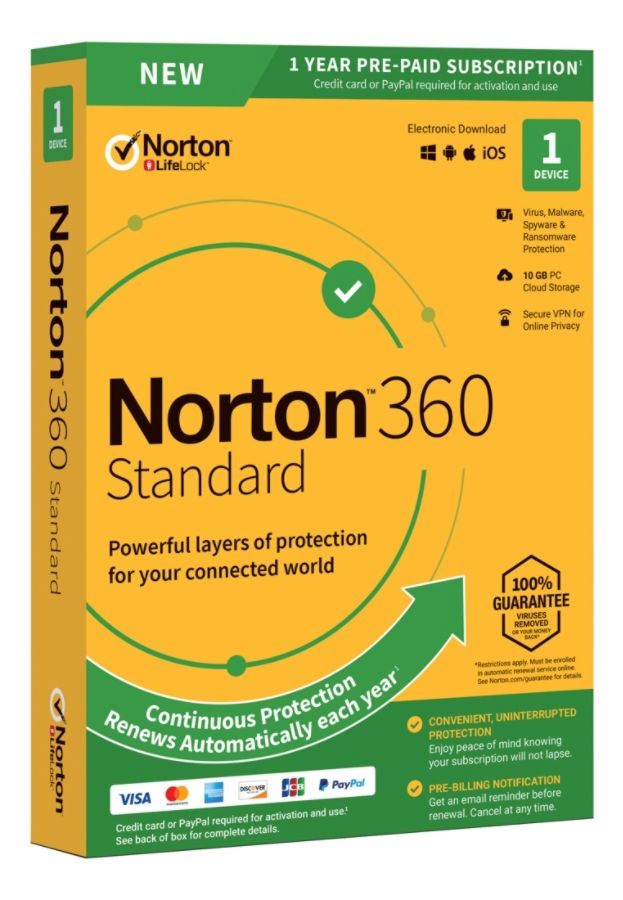 slide 2 of 4, Norton 360 Standard, For 1 Device, 1-Year Subscription, Product Key Card, 1 ct