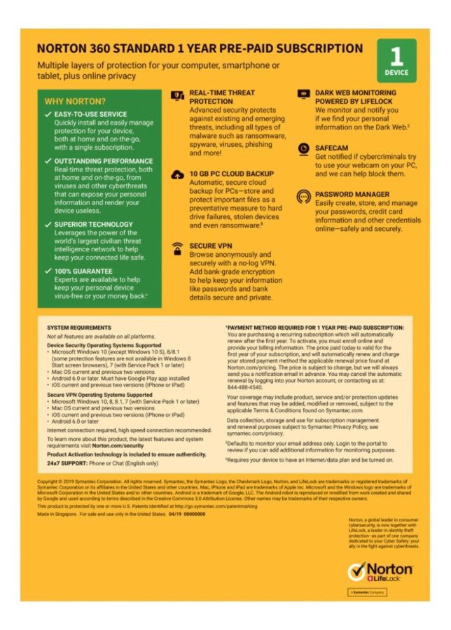 slide 3 of 4, Norton 360 Standard, For 1 Device, 1-Year Subscription, Product Key Card, 1 ct