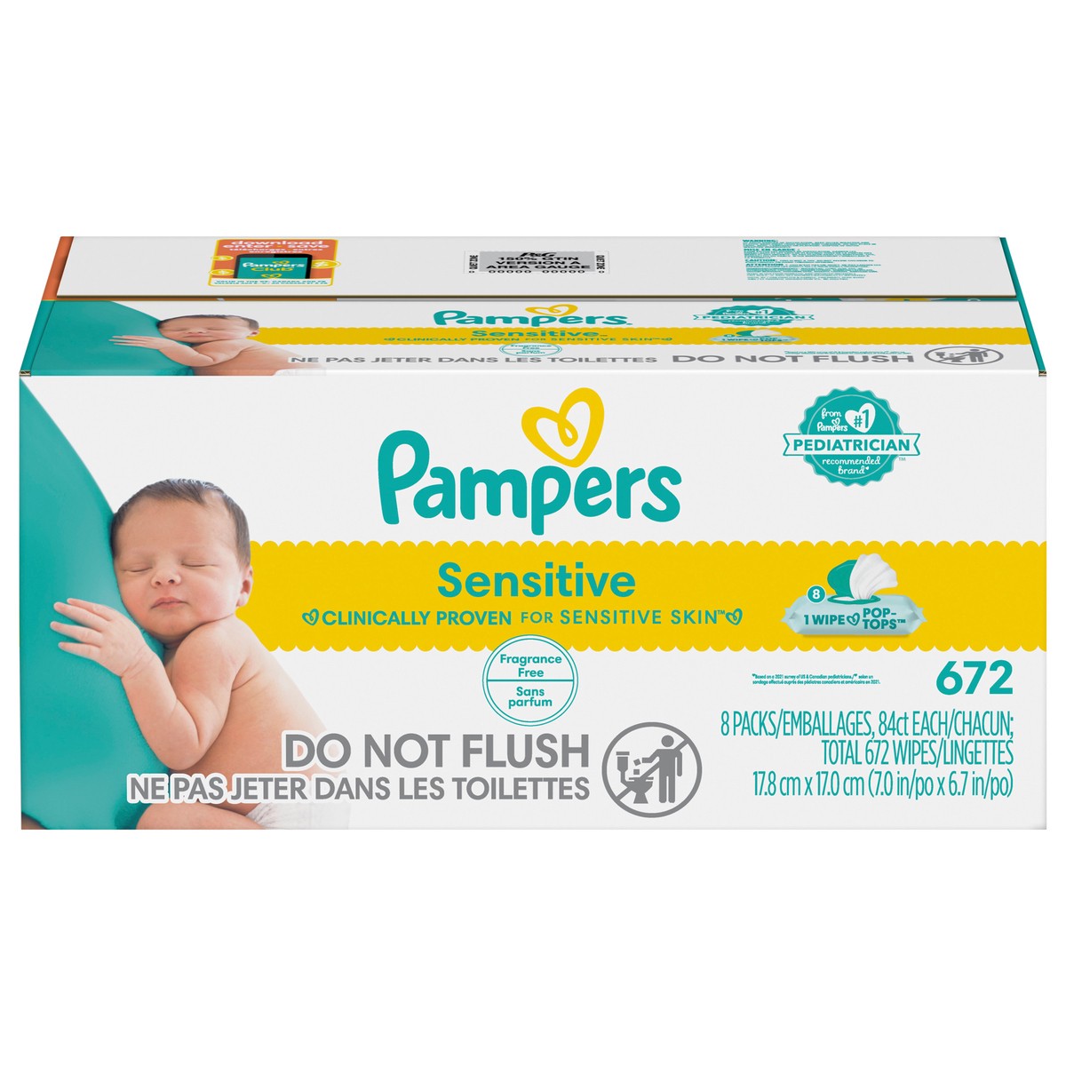 slide 1 of 4, Pampers Baby Wipes Sensitive Perfume Free 12X Pop-Top Packs 672 Count, 8 ct