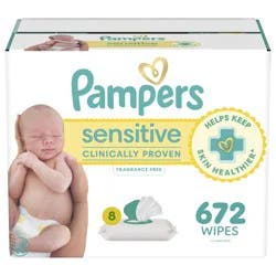 Pampers Sensitive Baby Wipes, Clinically Proven, Water Based, Hypoallergenic and Unscented Baby Wipes, 672 Baby Wipes Total (8X Flip-Top Packs)