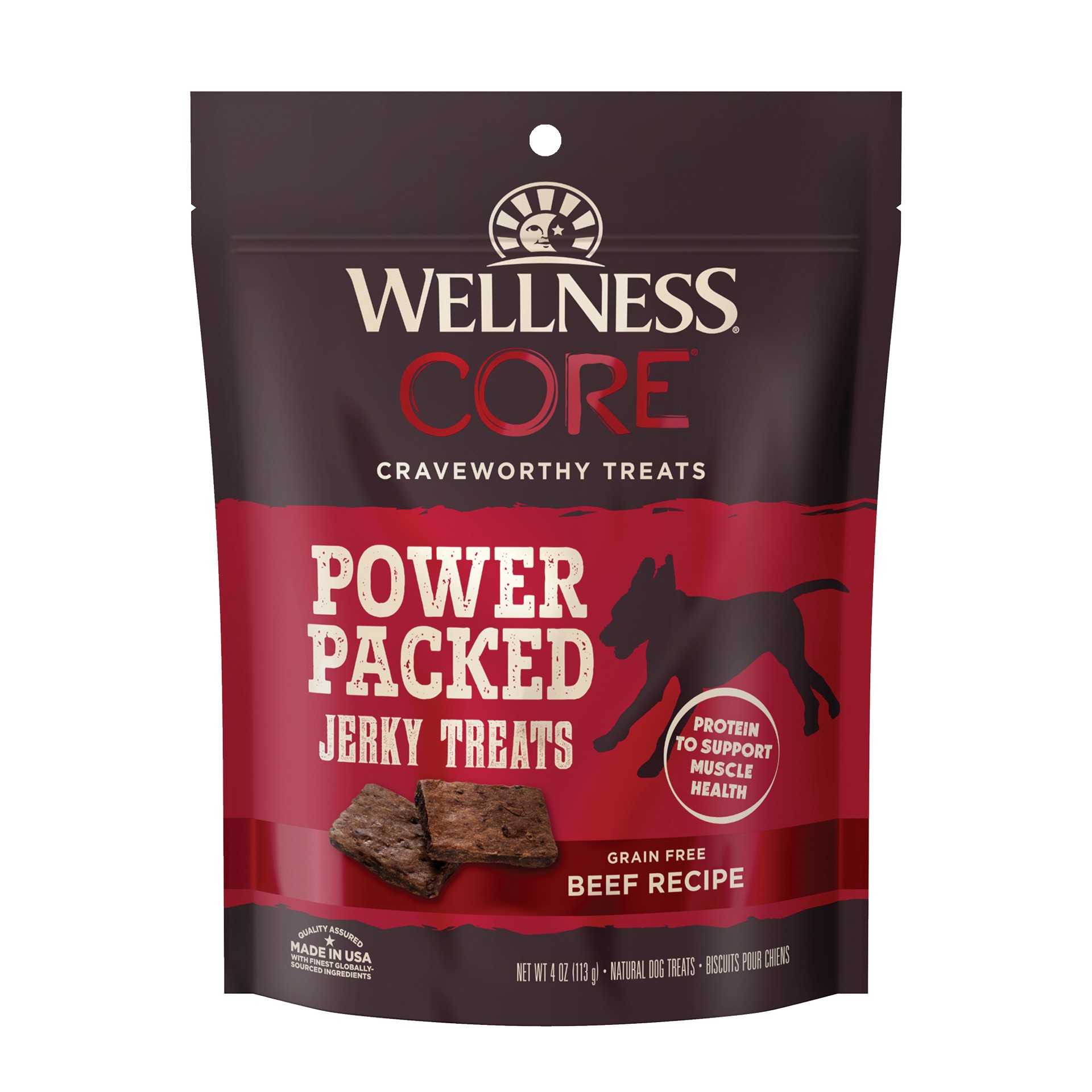 slide 1 of 4, Wellness CORE Power Packed Jerky Dog Treats, Grain Free, Beef, 4 Ounce Bag, 6 oz