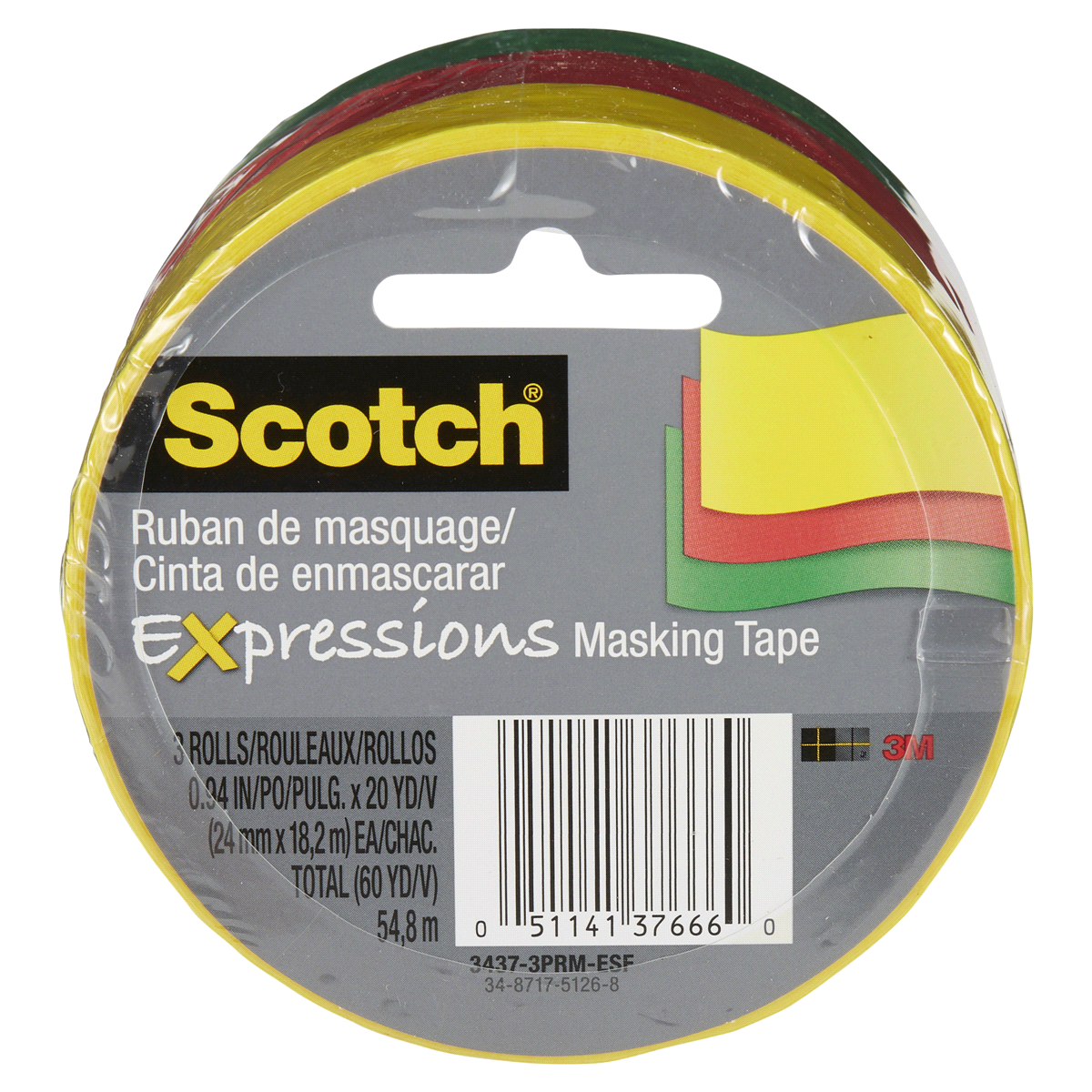 slide 1 of 1, Scotch Expressions Masking Tape Red, Yellow, Green, 3 ct