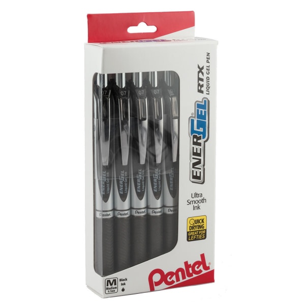 slide 1 of 1, Pentel Energel Rtx Retractable Liquid Gel Pens, Medium Point, 0.7 Mm, Black/Silver Barrel, Black Ink, Pack Of 12, 12 ct