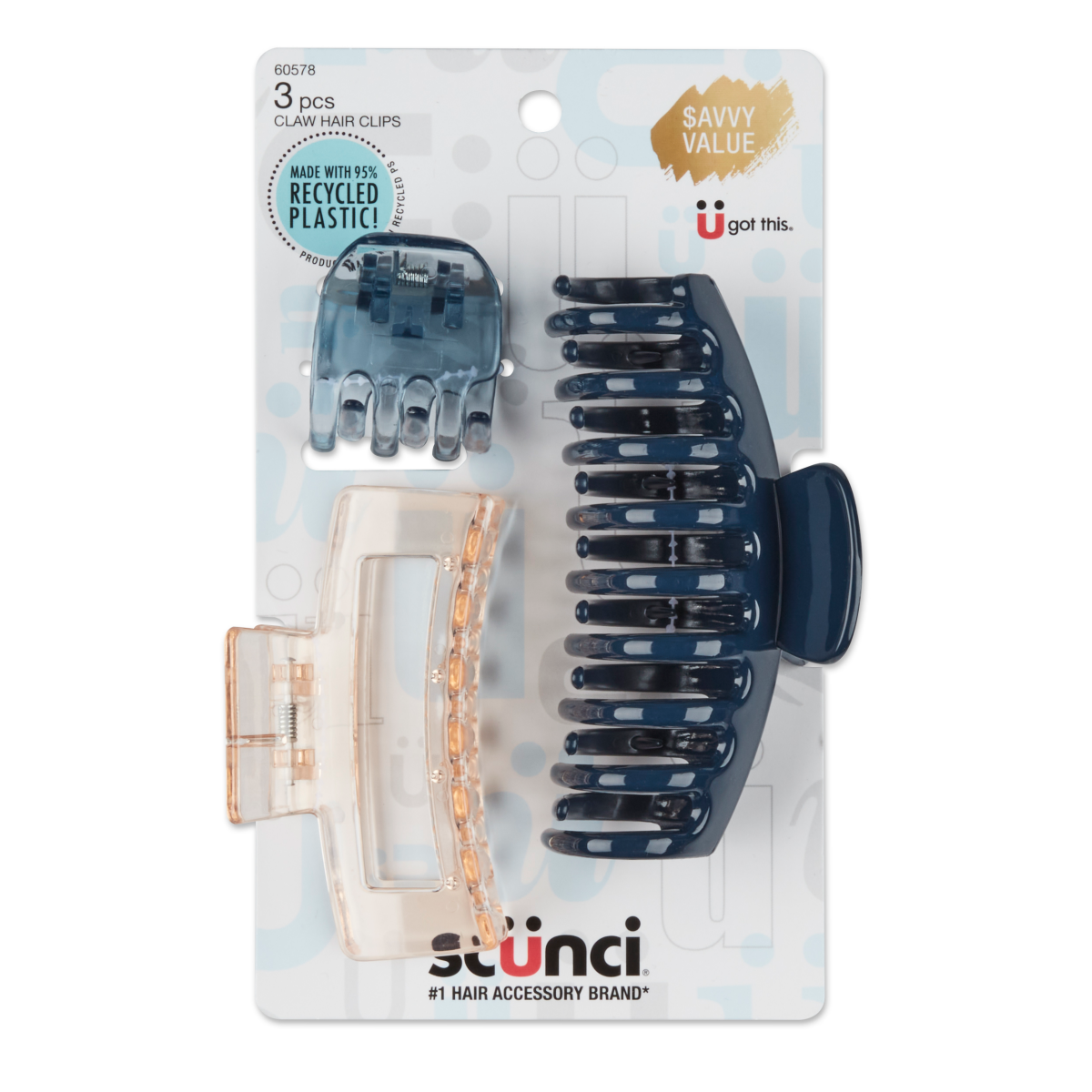 slide 1 of 1, scünci Scunci Recycled Claw Clips Blue, 3 ct