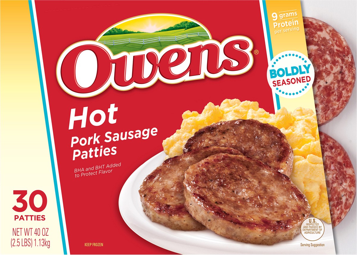 slide 1 of 14, Owens Hot Pork Sausage Patties 30 Each, 30 ct