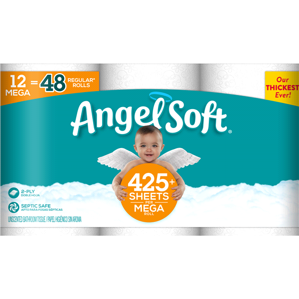 slide 1 of 1, Angel Soft Toilet Paper Bath Tissue Mega Rolls, 12 ct