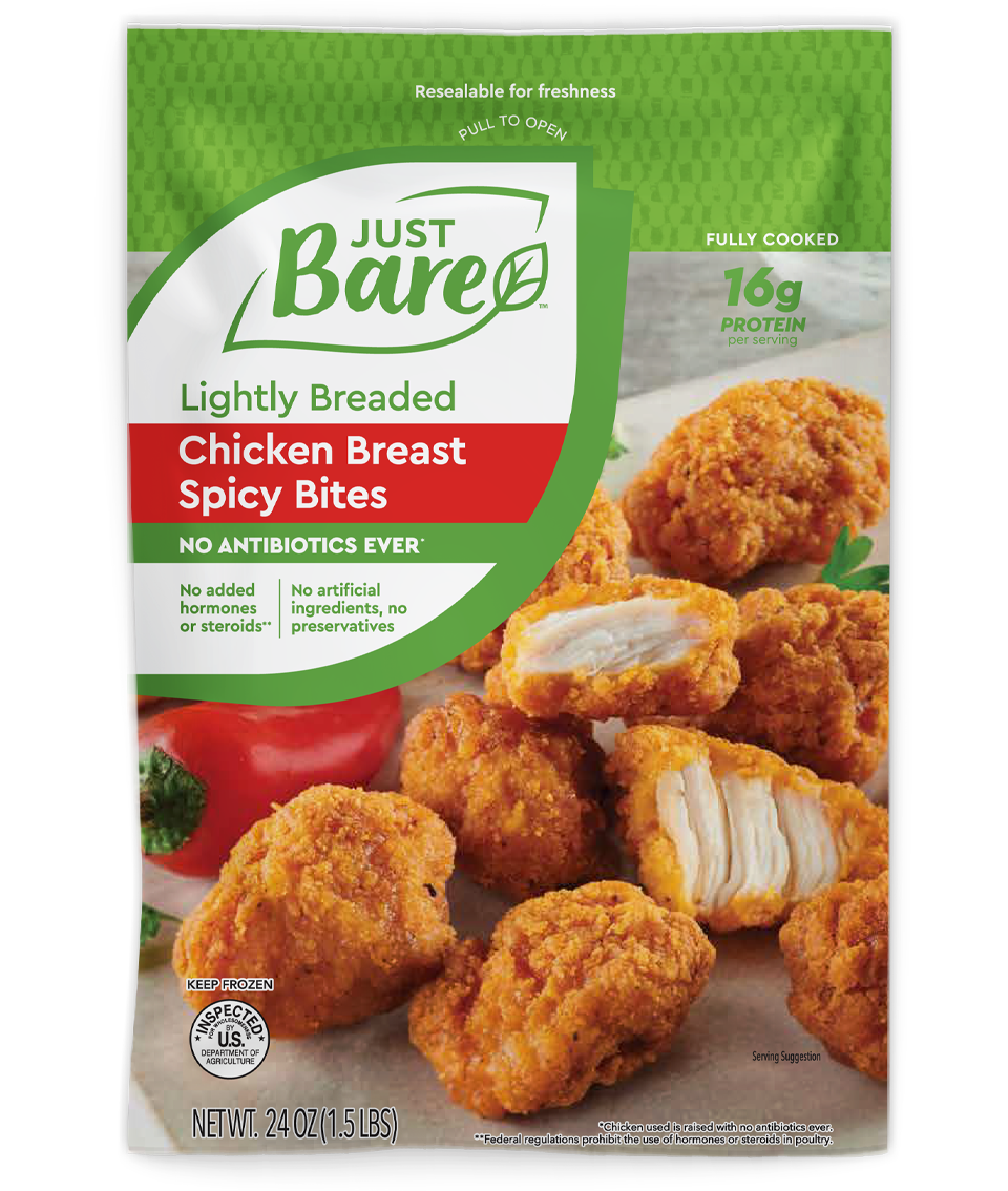 slide 1 of 1, Just BARE Chicken Breast Spicy Bites, Lightly Breaded, 24 oz