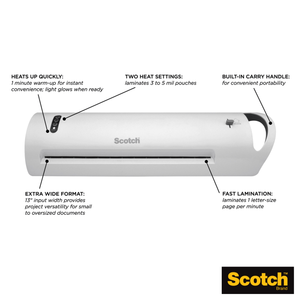 slide 4 of 6, Scotch Thermal Laminator Tl1302Xvp, 13"" Width, 5 Mil Thicknes, 1 Thermal Laminator With 20 Letter Size Pouches, 1 ct