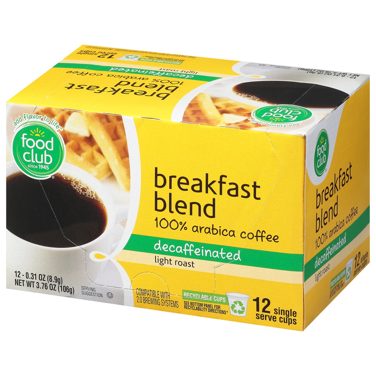 slide 11 of 13, Food Club Breakfast Blend Decaffeinated Light Roast 100% Arabica Coffee 12-0.31 oz Single Serve Cups, 12 ct