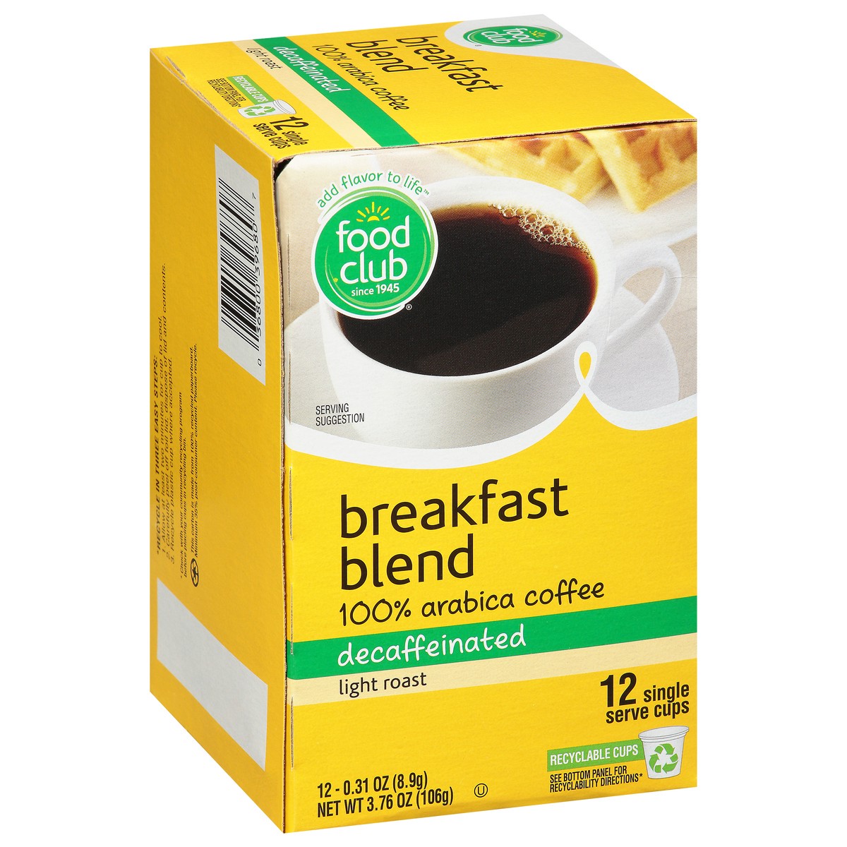 slide 5 of 13, Food Club Breakfast Blend Decaffeinated Light Roast 100% Arabica Coffee 12-0.31 oz Single Serve Cups, 12 ct