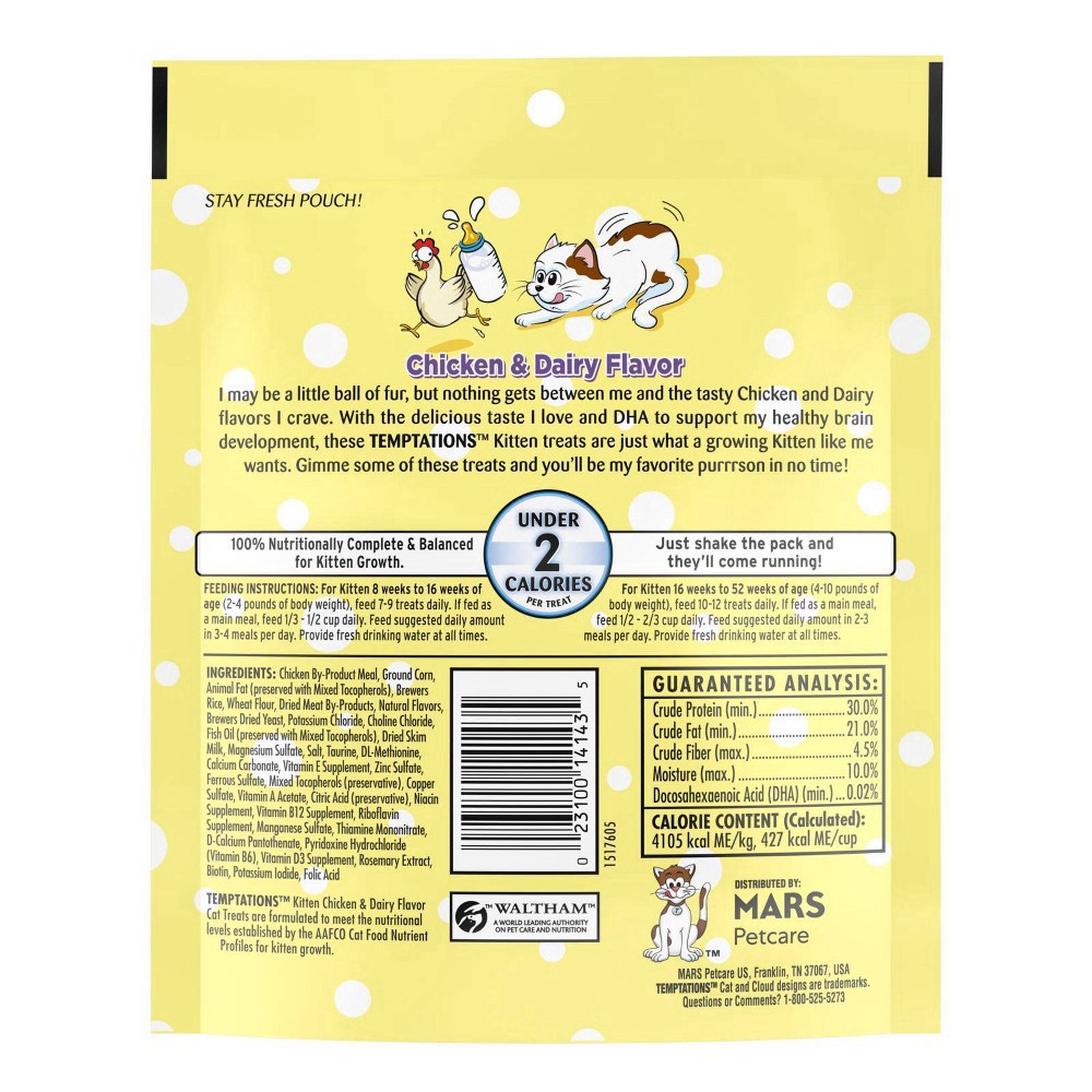 slide 4 of 6, Temptations Kitten Chicken & Dairy Flavor Treats for Cats Mega 6.3 oz, 6.3 oz