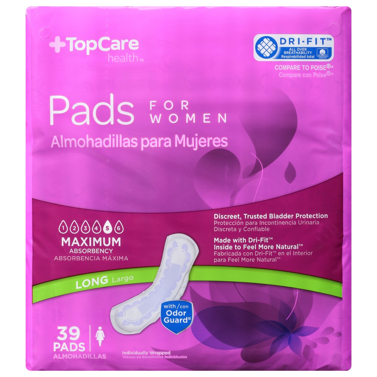 slide 15 of 15, TopCare Health Womens Maximum Long for Women Pads 39 ea, 39 ct