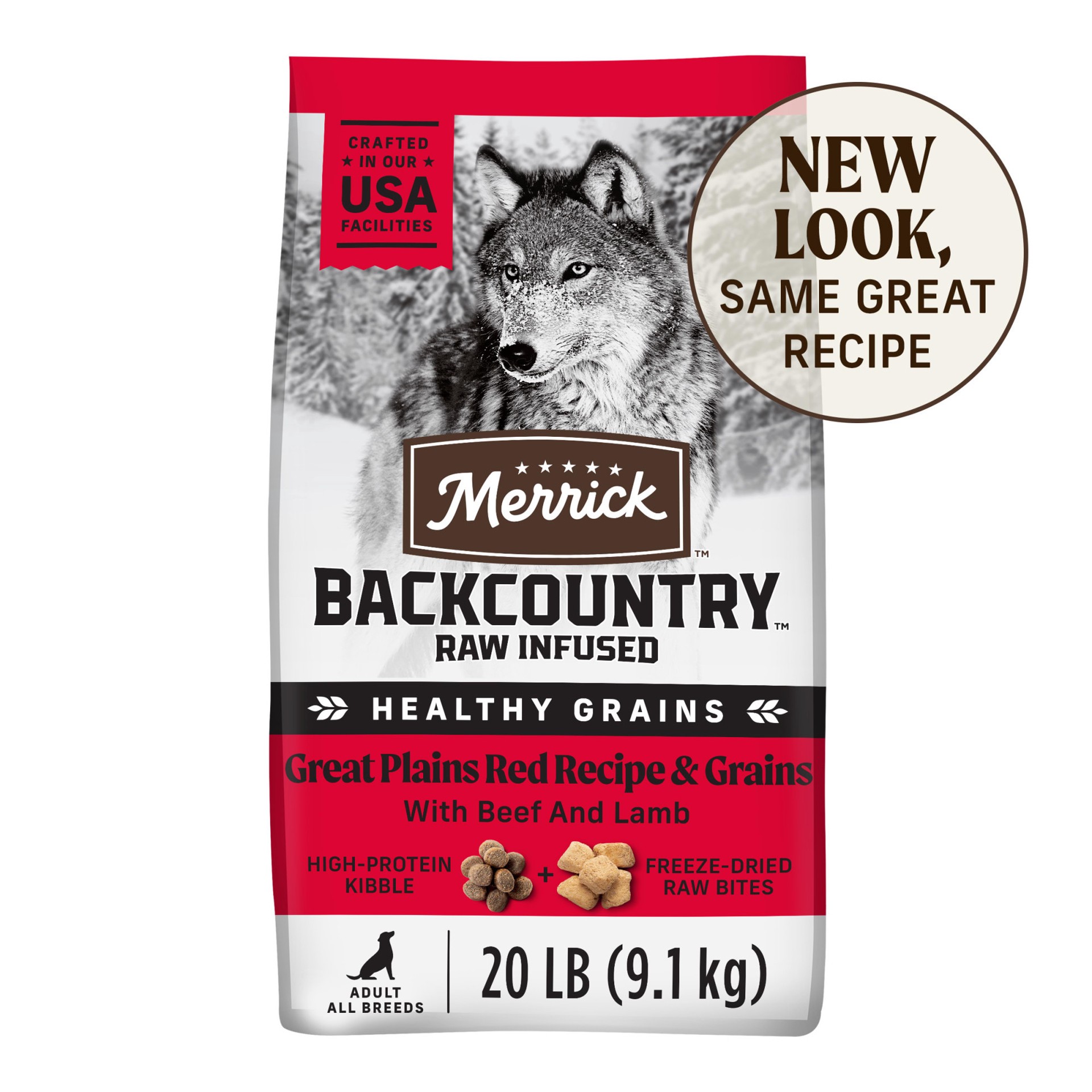 slide 1 of 5, Merrick Backcountry Healthy Grains Kibble With Freeze Dried Raw Pieces, Great Plains Red Meat Recipe Dog Food, 20 lb