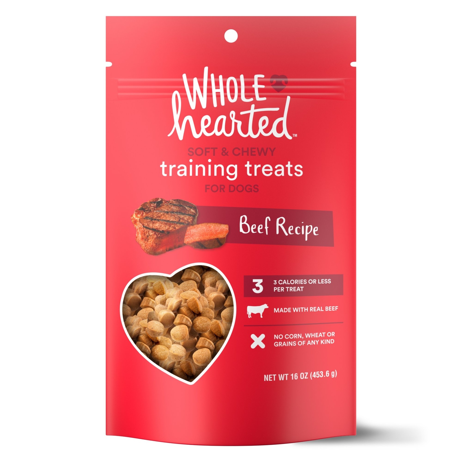 slide 1 of 1, WholeHearted Grain Free Soft and Chewy Beef Recipe Dog Training Treats, 16 oz