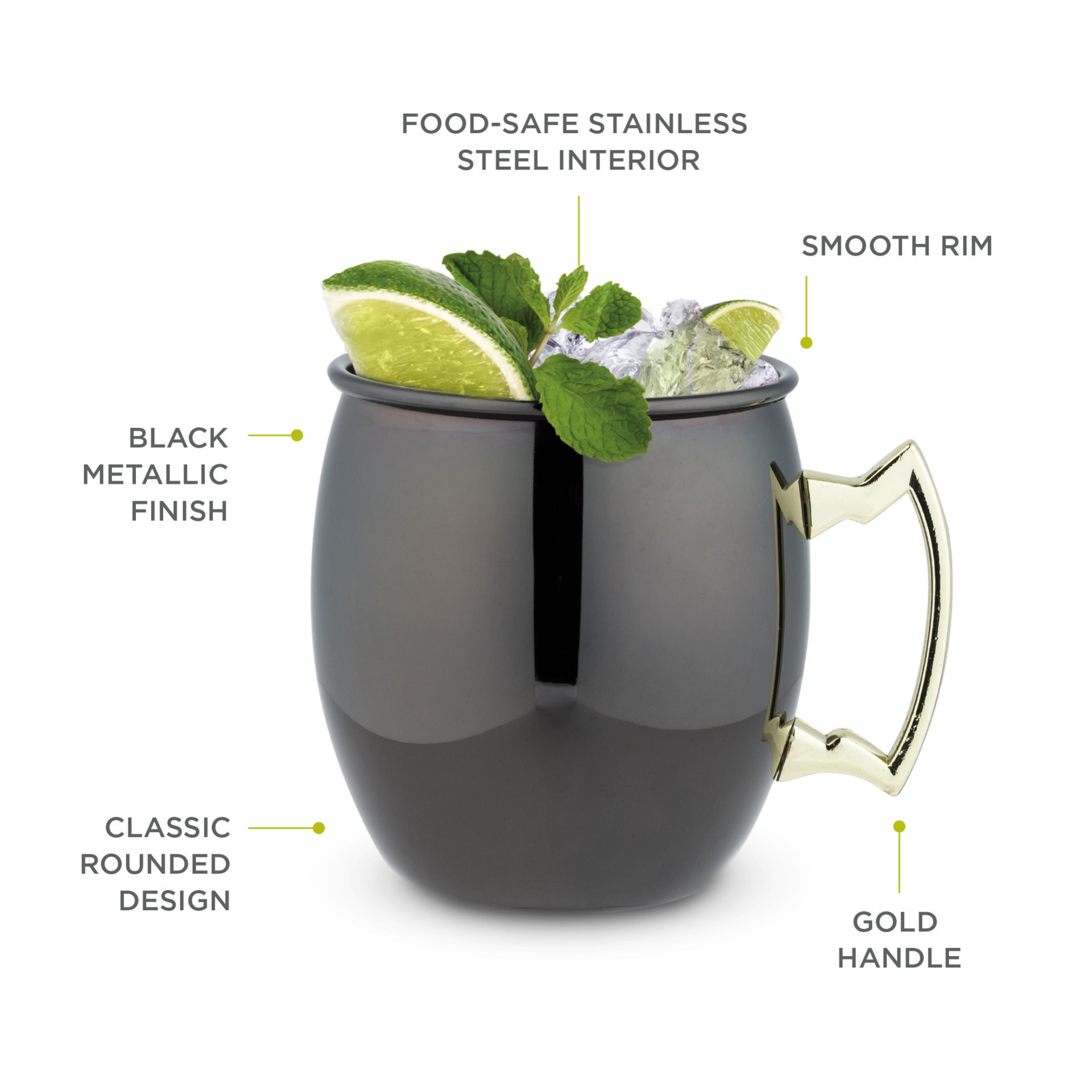 slide 5 of 5, True Moscow Mule Mug Set of 2, Stainless Steel, Black & Gold Finish, Holds 16 oz, Cocktail Drinkware, 1 ct