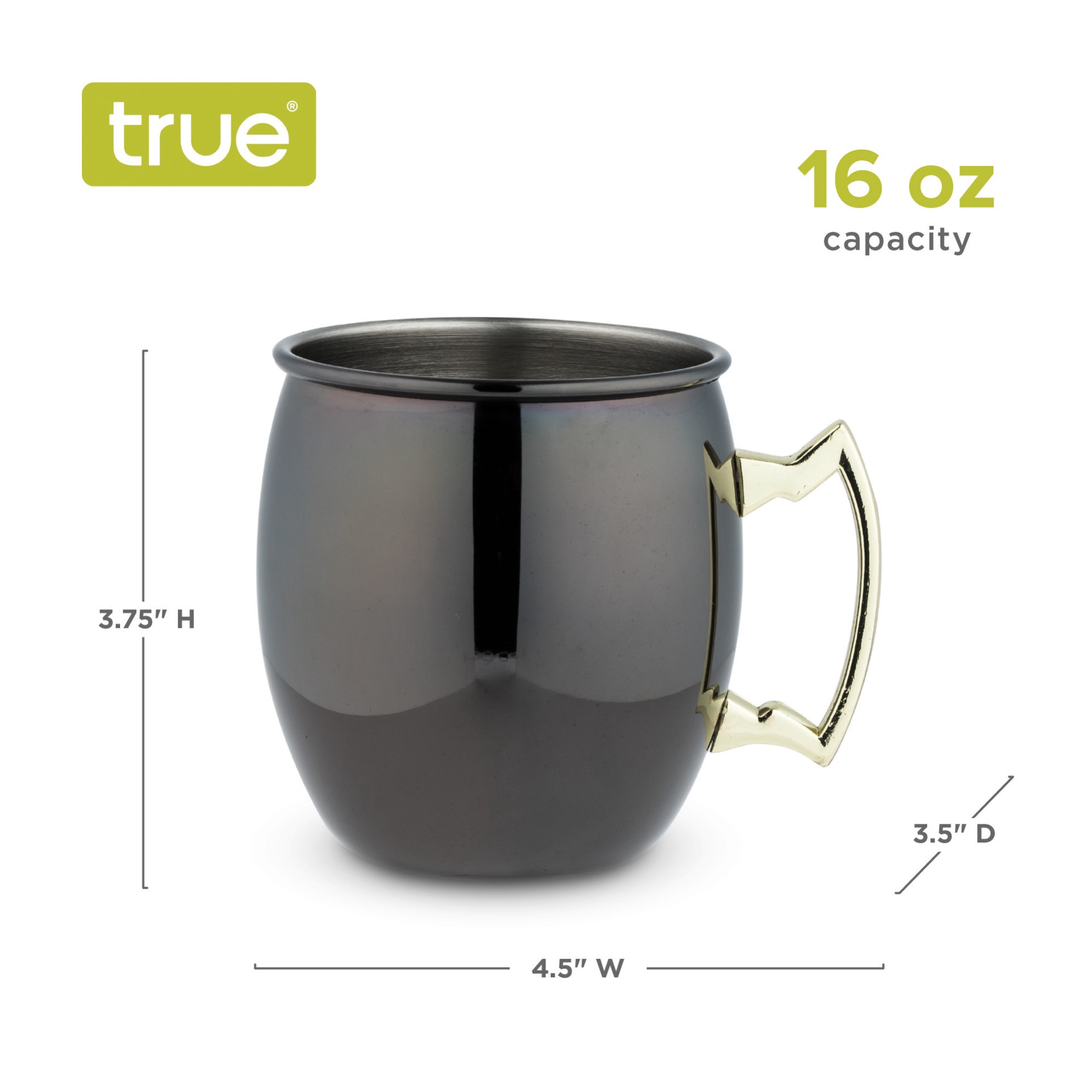 slide 4 of 5, True Moscow Mule Mug Set of 2, Stainless Steel, Black & Gold Finish, Holds 16 oz, Cocktail Drinkware, 1 ct