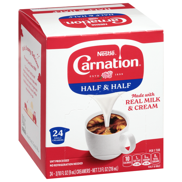 slide 1 of 1, Carnation Half & Half Liquid Creamer Singles - 0.3 fl oz, Box of 24 Single Creamers, 24 ct