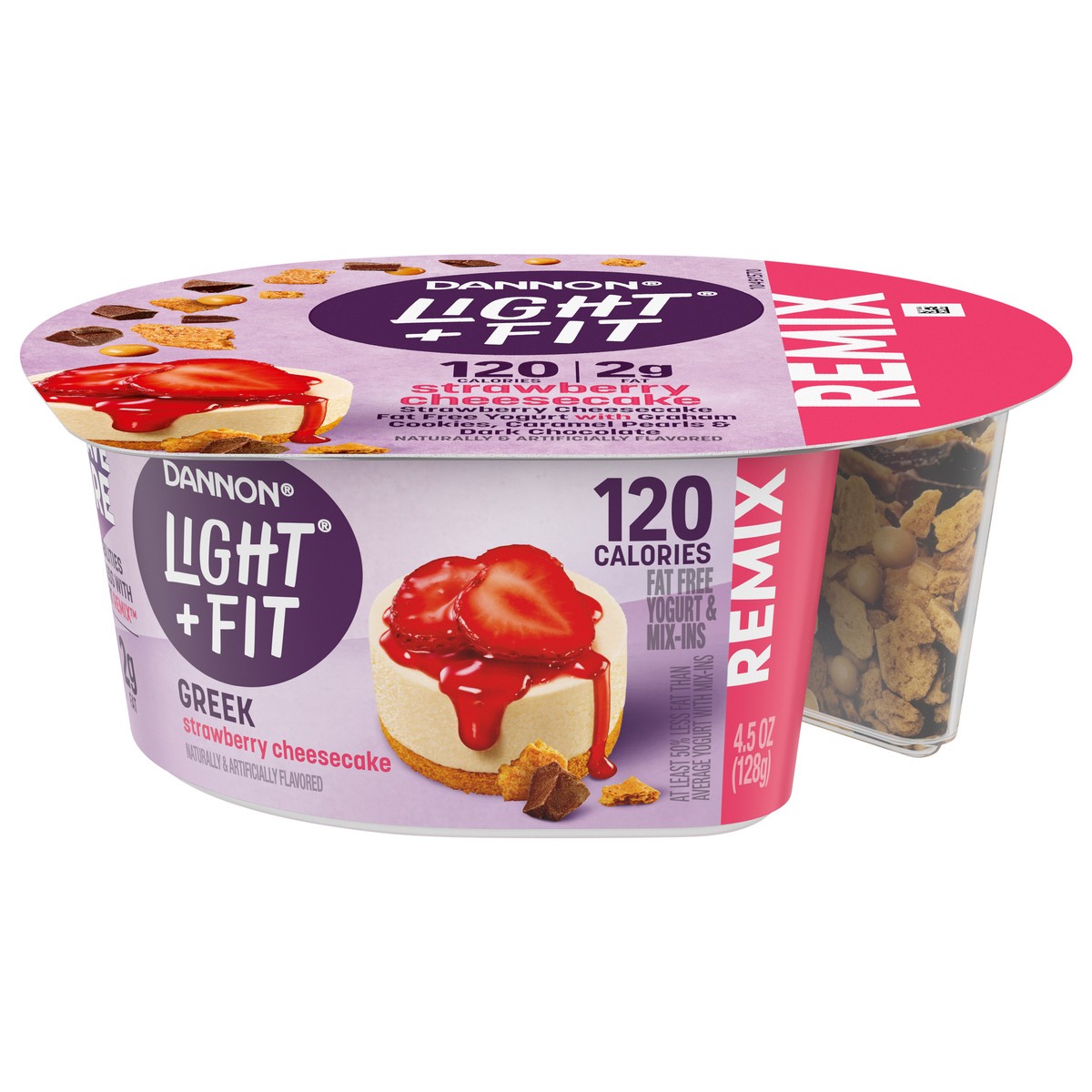 slide 3 of 4, Dannon Light + Fit REMIX Strawberry Cheesecake Nonfat Greek Yogurt with Graham Cookies, Caramel Pearls and Dark Chocolate Mix-Ins, 4.5 OZ Yogurt Cups, 4.5 oz