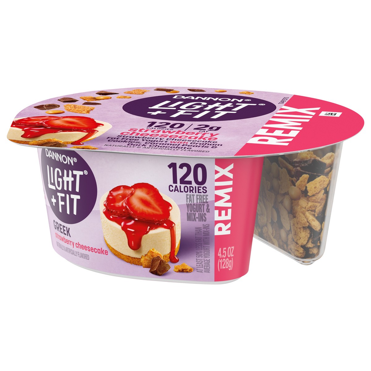 slide 2 of 4, Dannon Light + Fit REMIX Strawberry Cheesecake Nonfat Greek Yogurt with Graham Cookies, Caramel Pearls and Dark Chocolate Mix-Ins, 4.5 OZ Yogurt Cups, 4.5 oz
