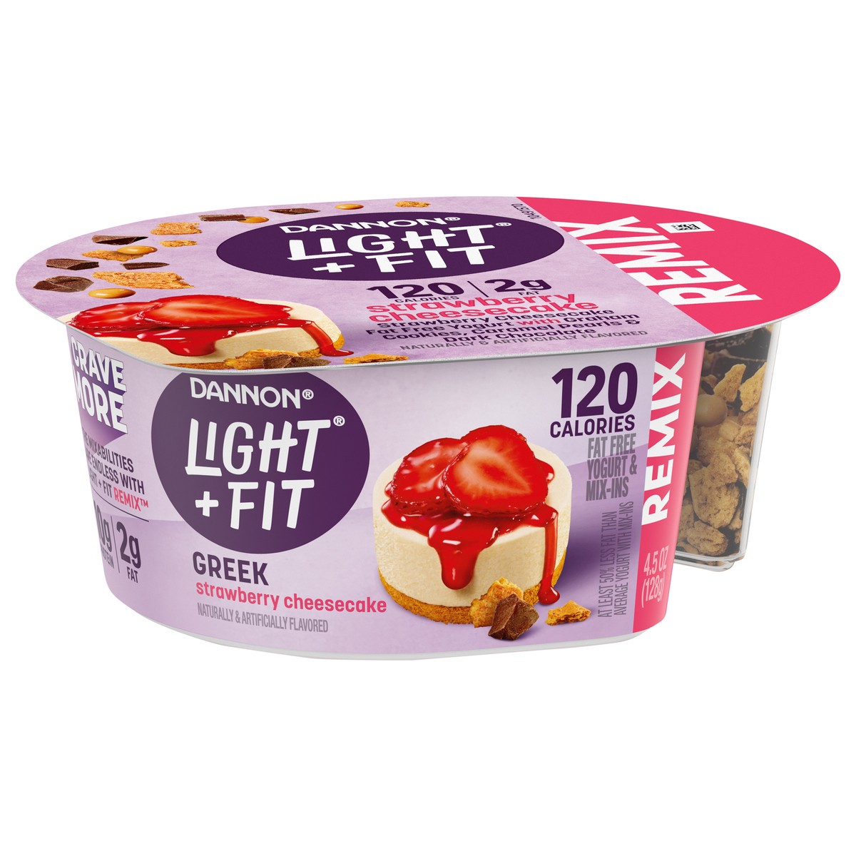 slide 4 of 4, Dannon Light + Fit REMIX Strawberry Cheesecake Nonfat Greek Yogurt with Graham Cookies, Caramel Pearls and Dark Chocolate Mix-Ins, 4.5 OZ Yogurt Cups, 4.5 oz