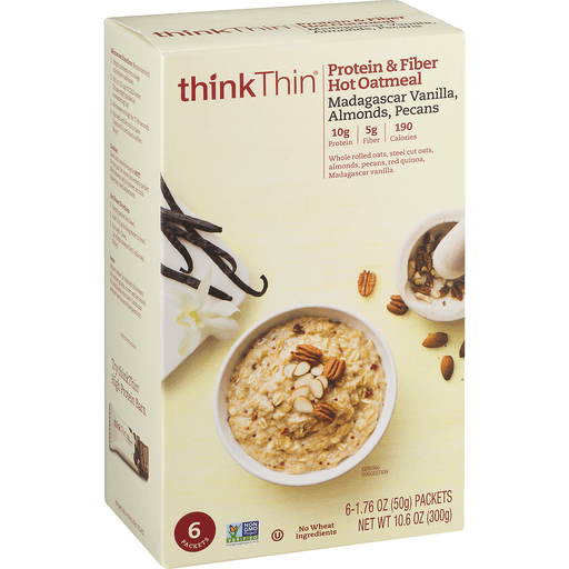 slide 2 of 9, thinkThin Madagascar Vanilla Almonds Pecans Protein Fiber Hot Oatmeal, 10.58 oz