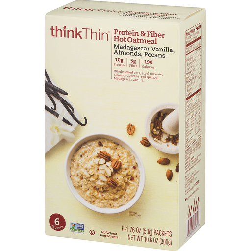 slide 3 of 9, thinkThin Madagascar Vanilla Almonds Pecans Protein Fiber Hot Oatmeal, 10.58 oz