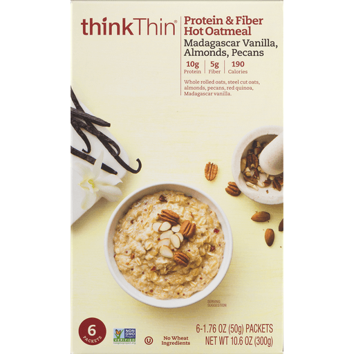 slide 4 of 9, thinkThin Madagascar Vanilla Almonds Pecans Protein Fiber Hot Oatmeal, 10.58 oz