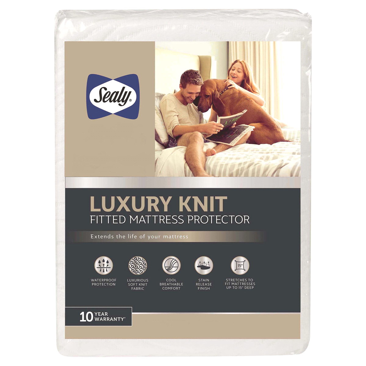 slide 1 of 5, Sealy Luxury Knit Fitted Mattress Protector, Queen, queen size