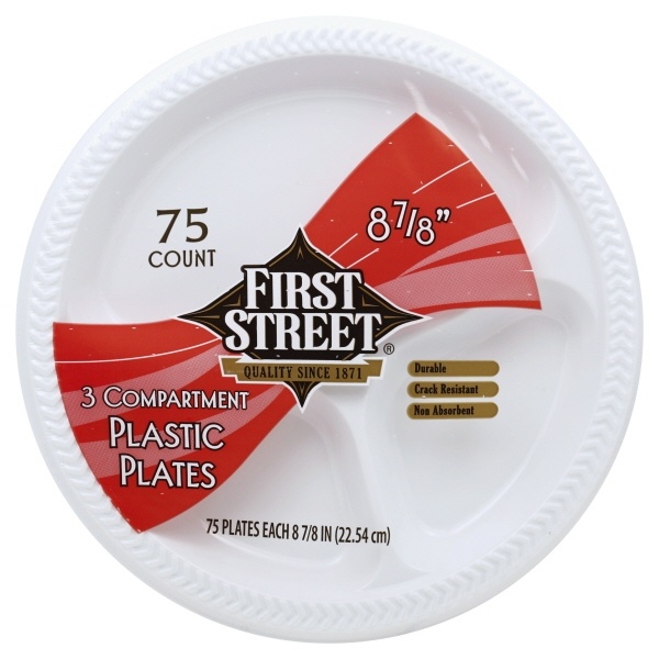 slide 1 of 1, First Street 8 7/8 Inch Plastic Compartment Plates, 75 ct