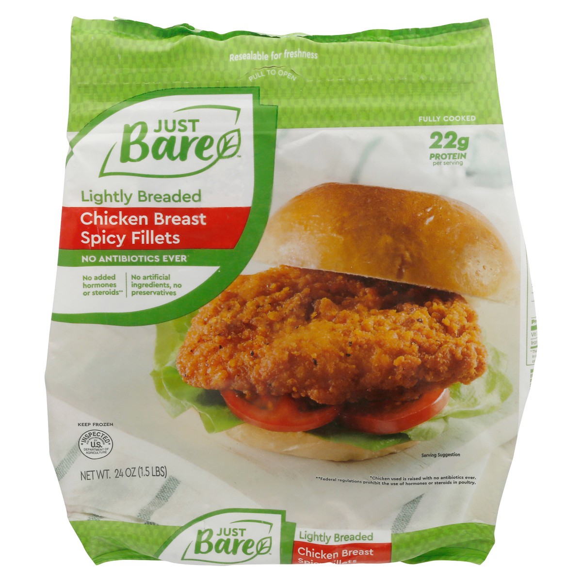 slide 1 of 1, Just BARE Chicken Breast Spicy Fillets, Lightly Breaded, 24 oz