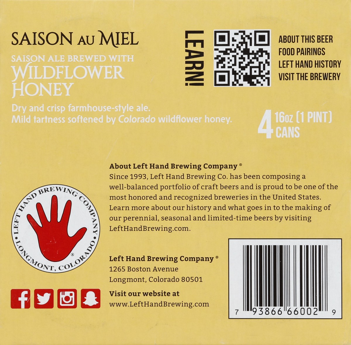 slide 4 of 6, Left Hand Brewing Co. Beer, Ale, Saison au Miel, Wildflower Honey, 4 ct