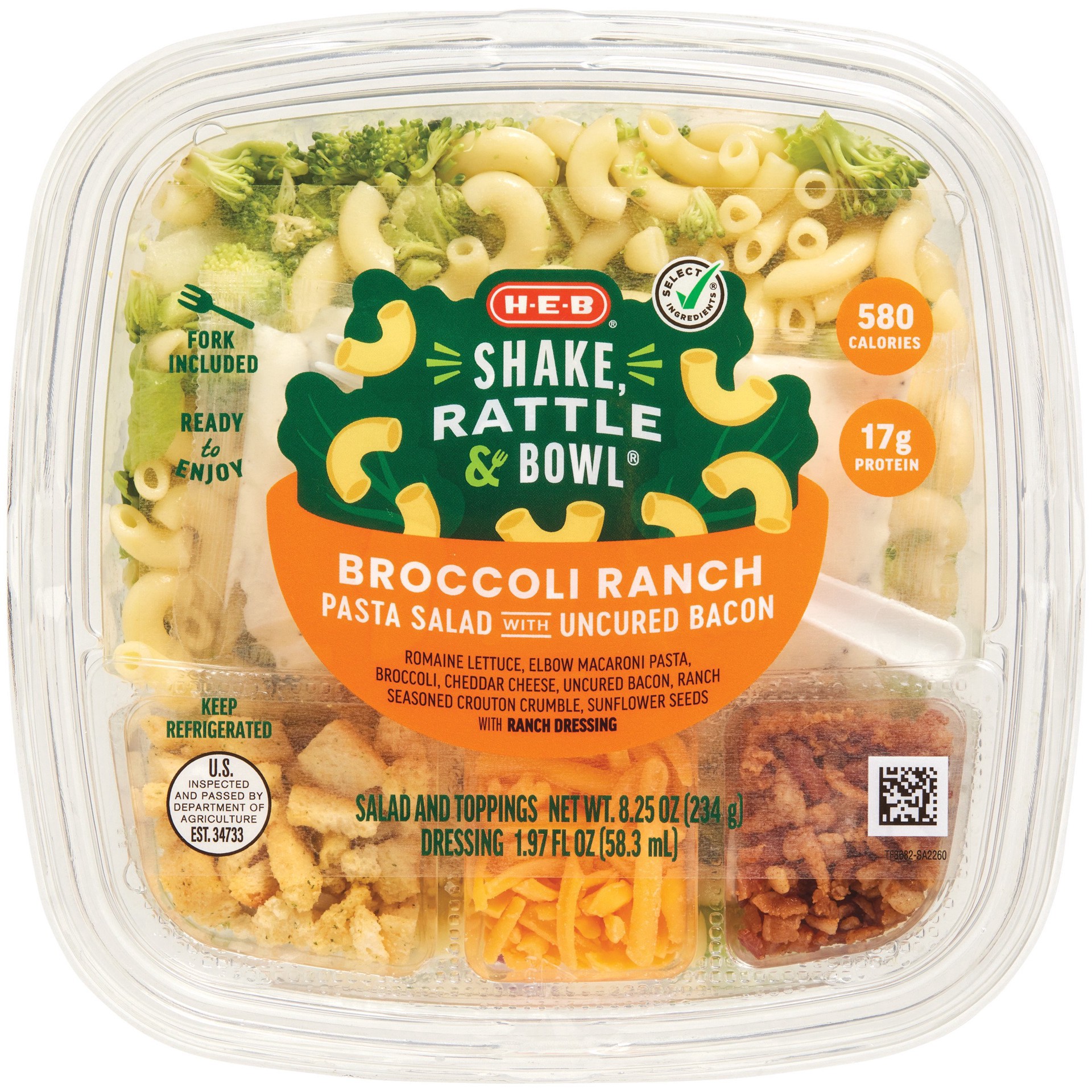 slide 1 of 1, H-E-B Shake, Rattle & Bowl – Broccoli Ranch Pasta Salad with Uncured Bacon, 1 ct