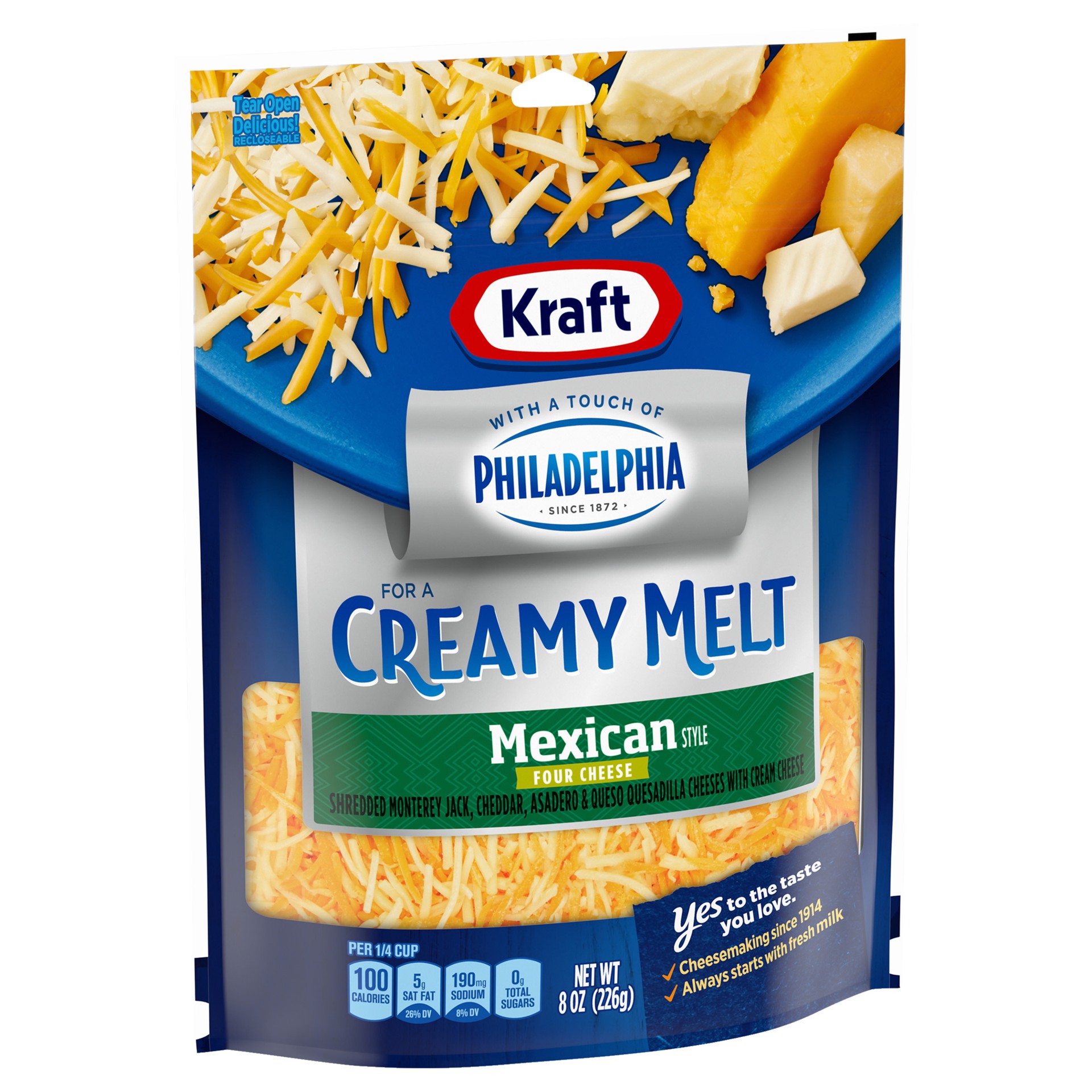 slide 4 of 5, Kraft Mexican Style Four Cheese Blend Shredded Cheese with a Touch of Philadelphia for a Creamy Melt, 8 oz