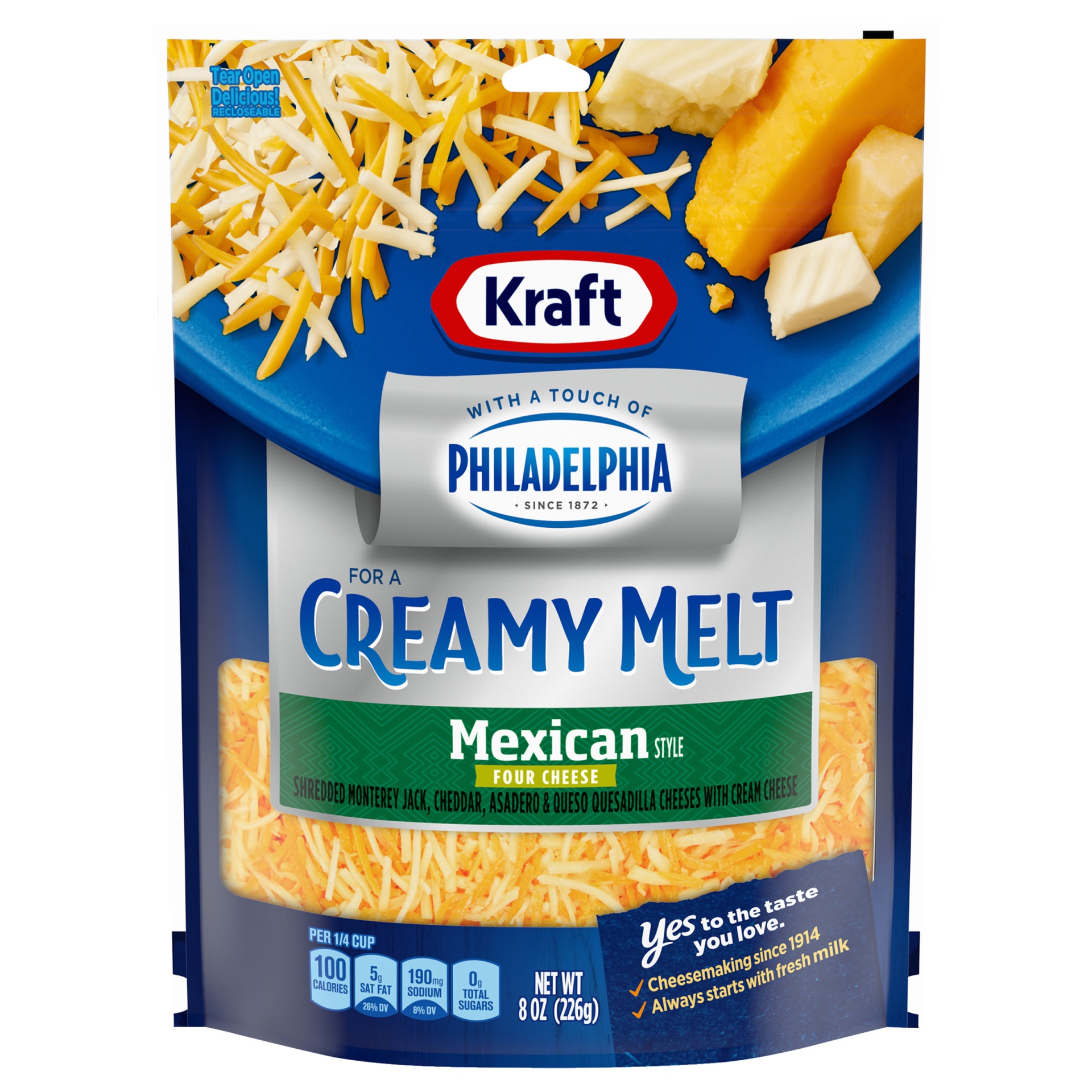 slide 1 of 6, Kraft Mexican Style Four Cheese Blend Shredded Cheese with a Touch of Philadelphia for a Creamy Melt, 8 oz