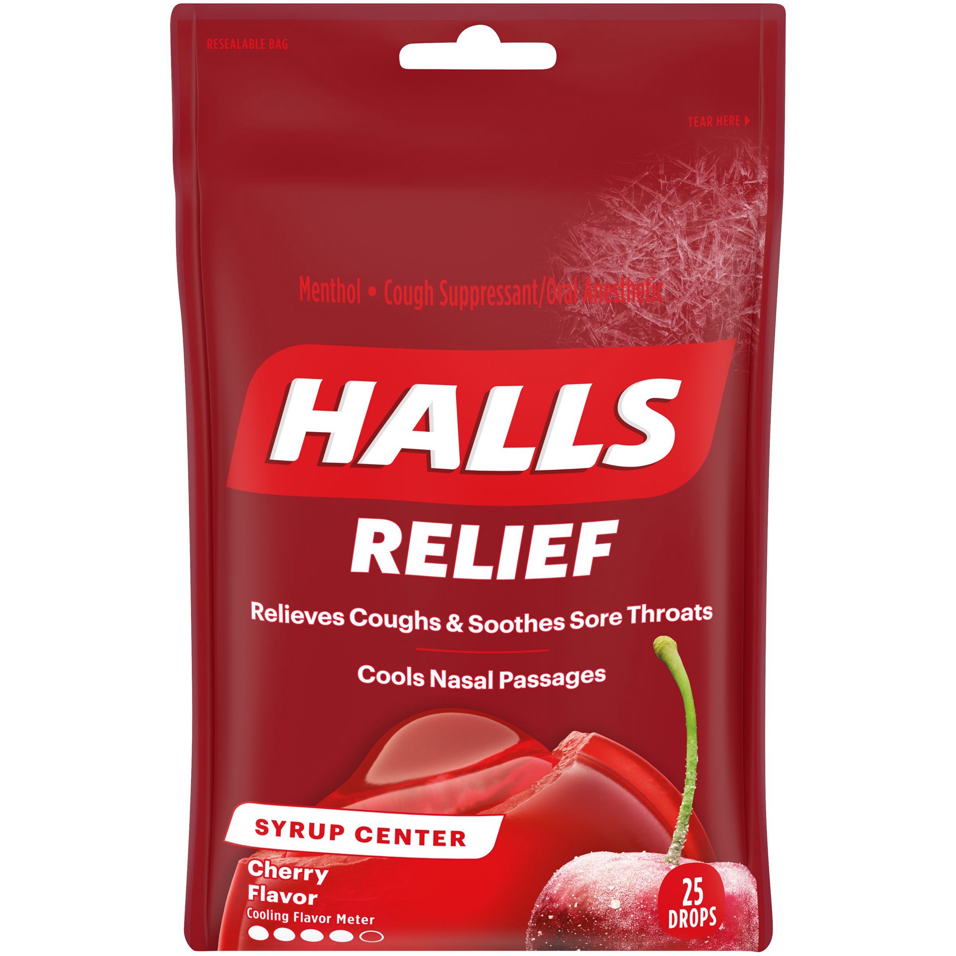 slide 4 of 4, HALLS Relief Syrup Center Cherry Flavor Cough Drops, 1 Bag (25 Total Drops), 0.20 lb
