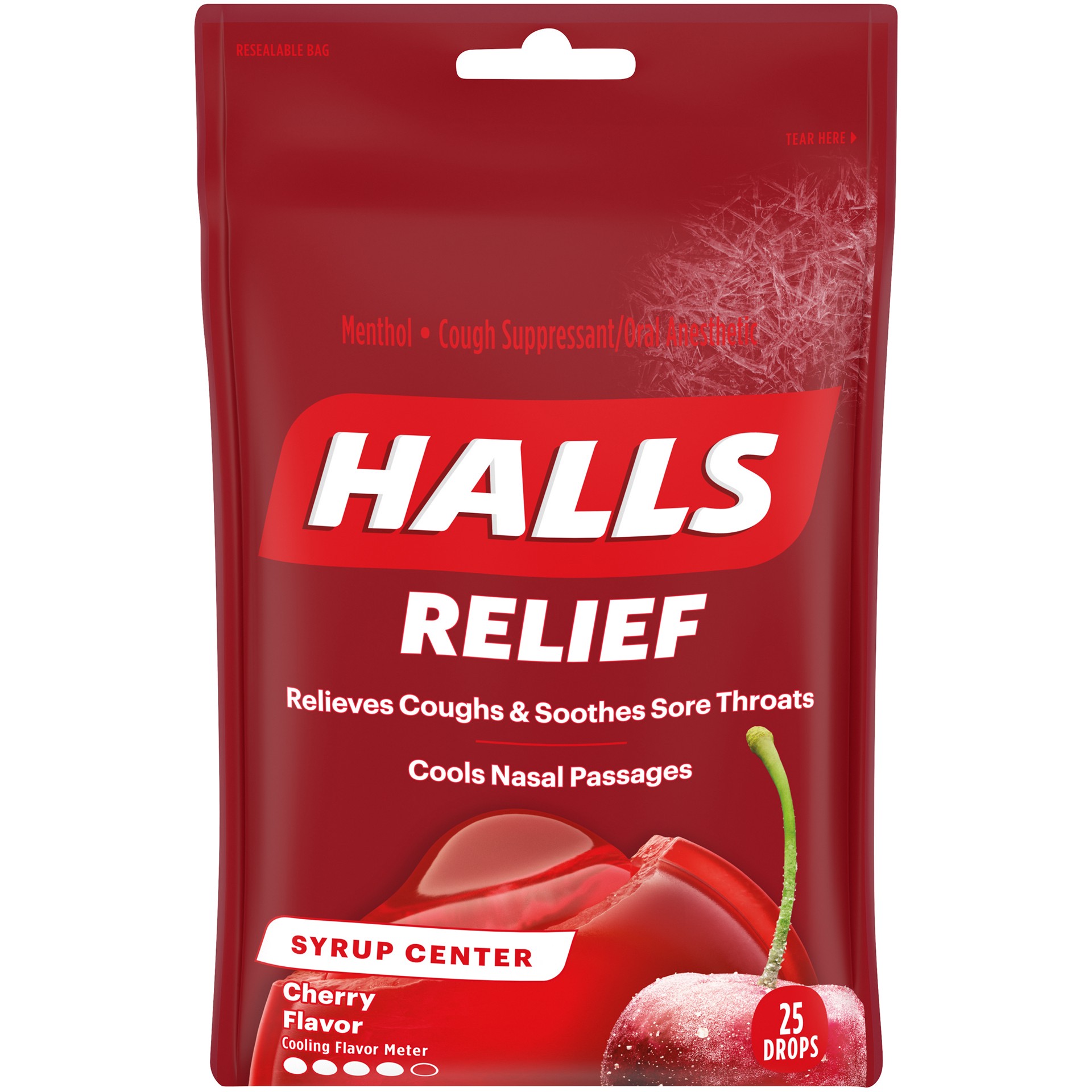 slide 1 of 4, HALLS Relief Syrup Center Cherry Flavor Cough Drops, 1 Bag (25 Total Drops), 0.20 lb