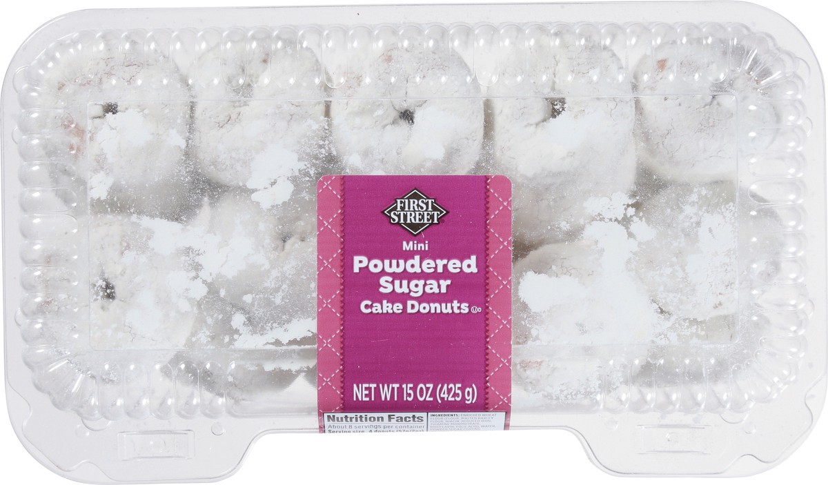 slide 8 of 12, First Street Mini Powdered Sugar Cake Donuts, 15 oz
