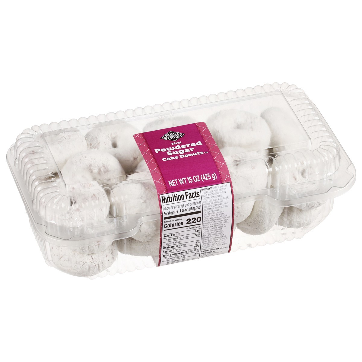 slide 12 of 12, First Street Mini Powdered Sugar Cake Donuts, 15 oz