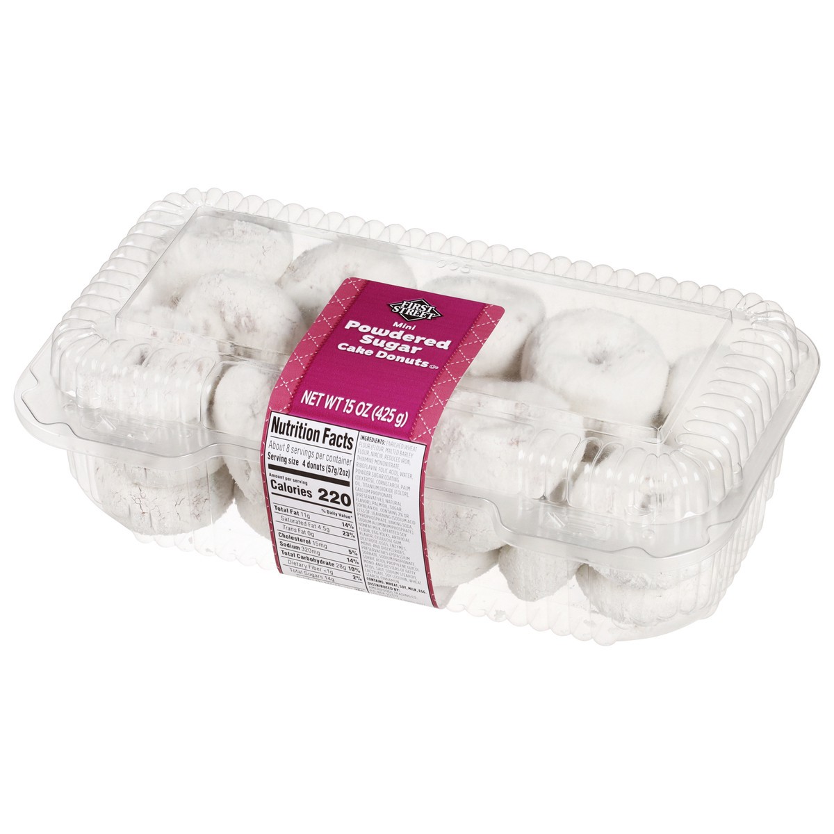 slide 9 of 12, First Street Mini Powdered Sugar Cake Donuts, 15 oz