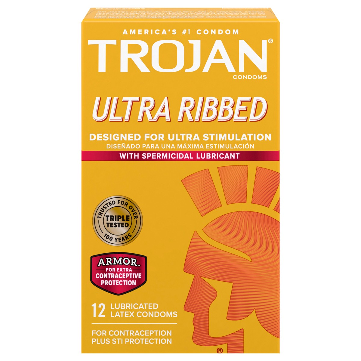 slide 1 of 5, Trojan Ultra Ribbed Spermicidal Lubricated Latex Condoms, 12 Count, 12 ct